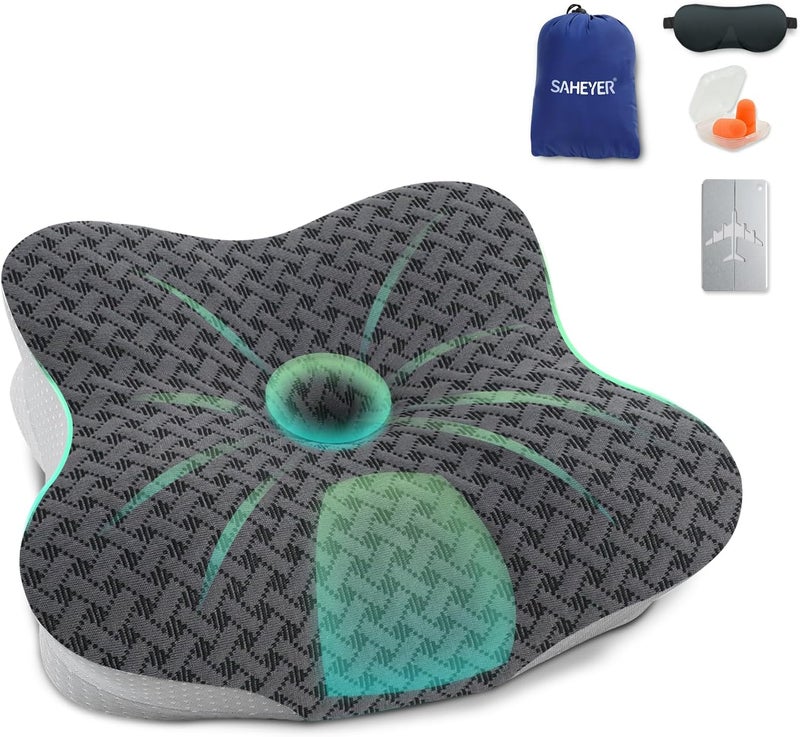 SAHEYER Travel Pillow for Sleeping, Ergonomic Cervical Neck Support Pillows, Lightweight Memory Foam Travel Pillow for Camping, Backpacking, Hammock - with Travel Storage Bag and Cooling Cover, Black - Image 1